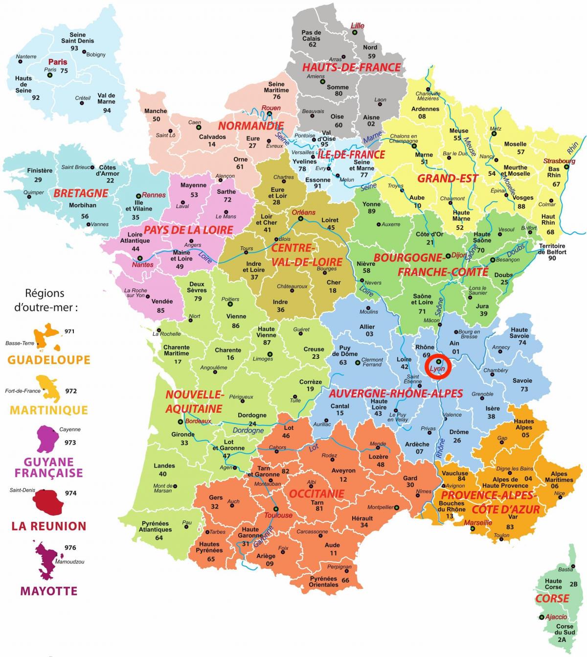 里昂 - 奥弗涅-罗讷-阿尔卑斯 - 法国地图